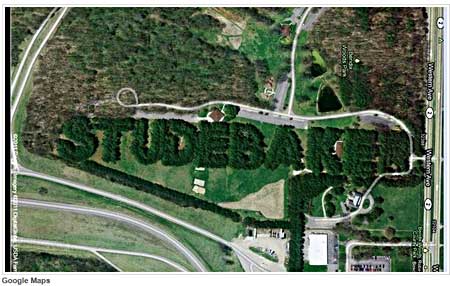5000 pine trees planted in 1937 still spell out "Studebaker" on the site of the former Studebaker proving grounds near South Bend, Indiana